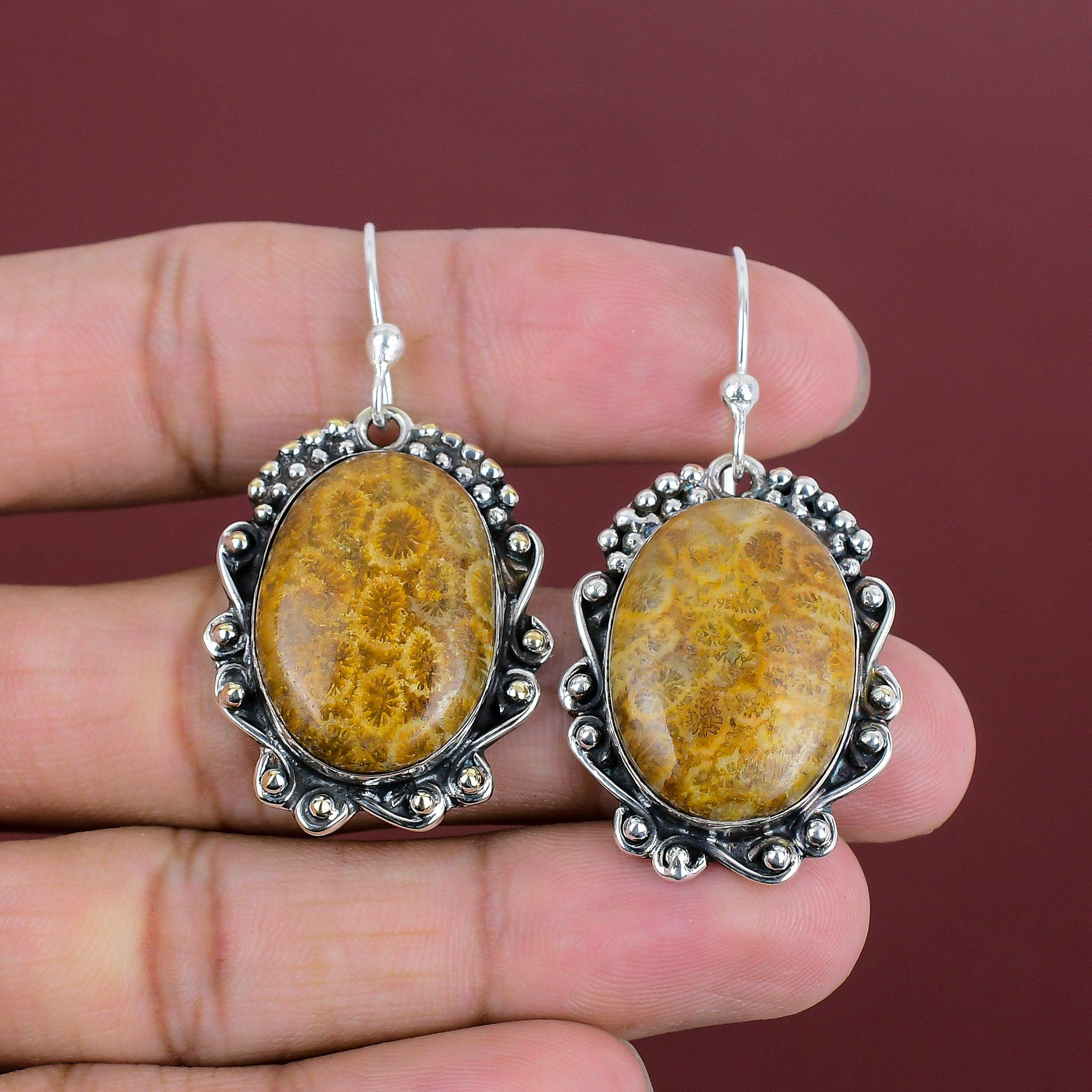 

Fossil Coral Gemstone Earring Handmade Earrings Antique Jewelry 925 Sterling Silver Earring Fossil Coral Jewelry Gifts For Her Boho Jewelry