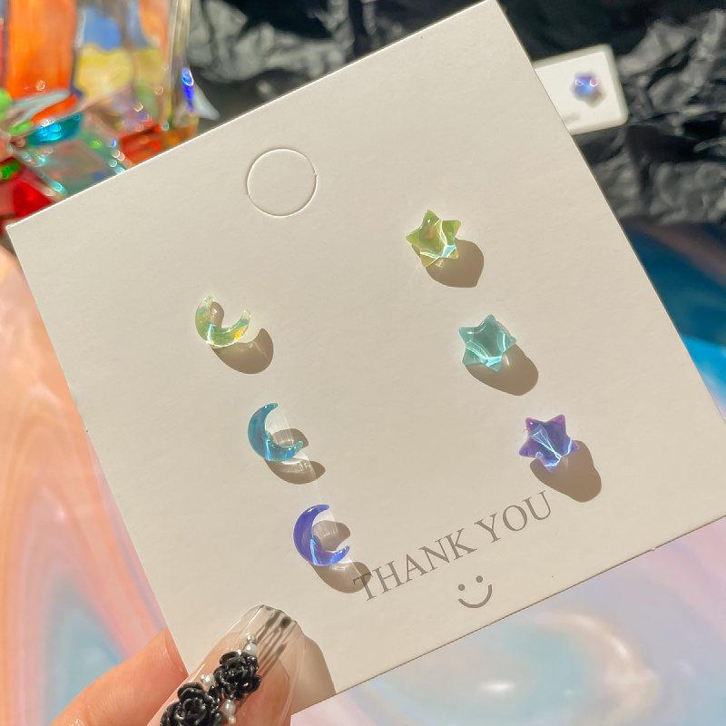 Dreamy Seven-Color Star & Moon Stud Earrings: Dainty, Sparkly Set for Fairy Girls
