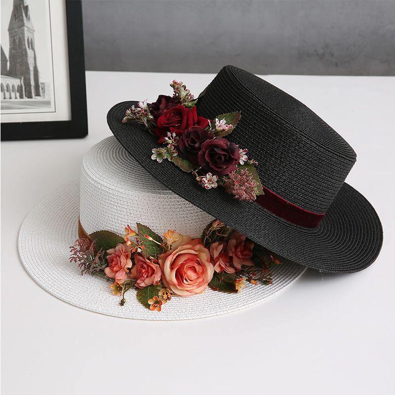spring summer flower hat French women's straw flat hat elegant beach hat Barrel cap sun hat outdoor travel sun hat wholesale