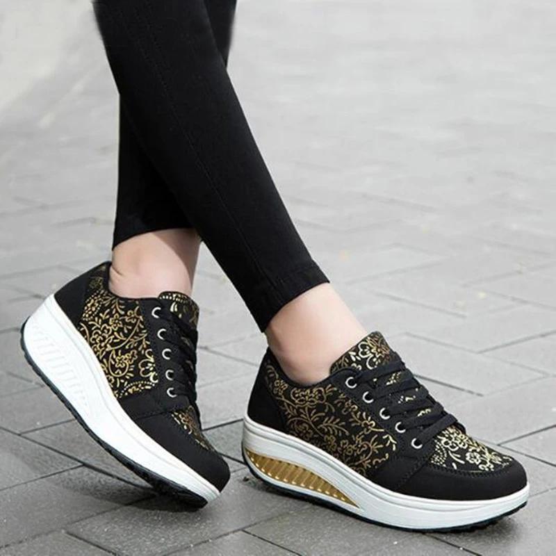 Fashion Fashion Women Platform Sneakers Spring Women Printing Wedges Lace-up Shoes Comfortable Casual Sports Shoes Zapatos Mujer WSH3294