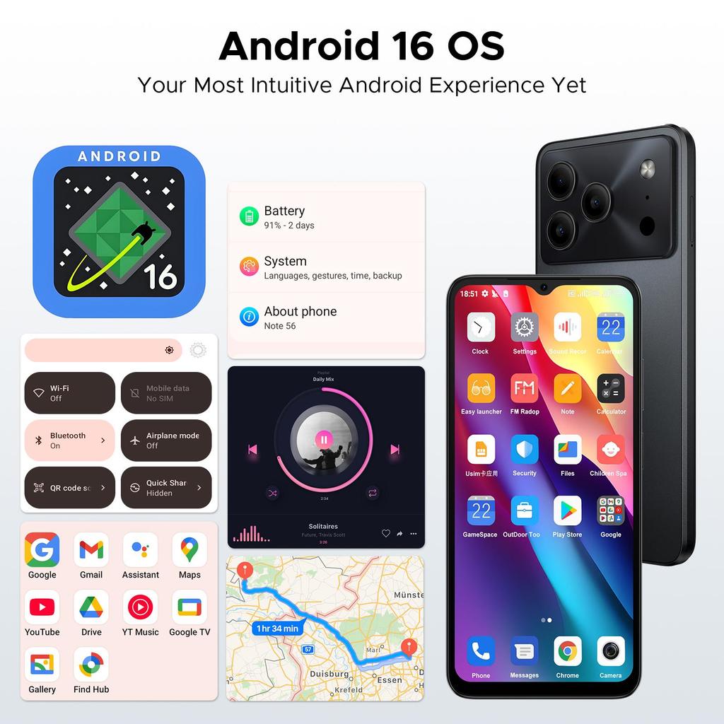 Doogee Note 56 Mobile Phones, Android 16 Smartphone, 6150mAh, 8.45mm Ultra-Slim, 6.56" HD+ 90Hz, 24GB + 64GB/2TB, Face ID, GPS, OTG, FM