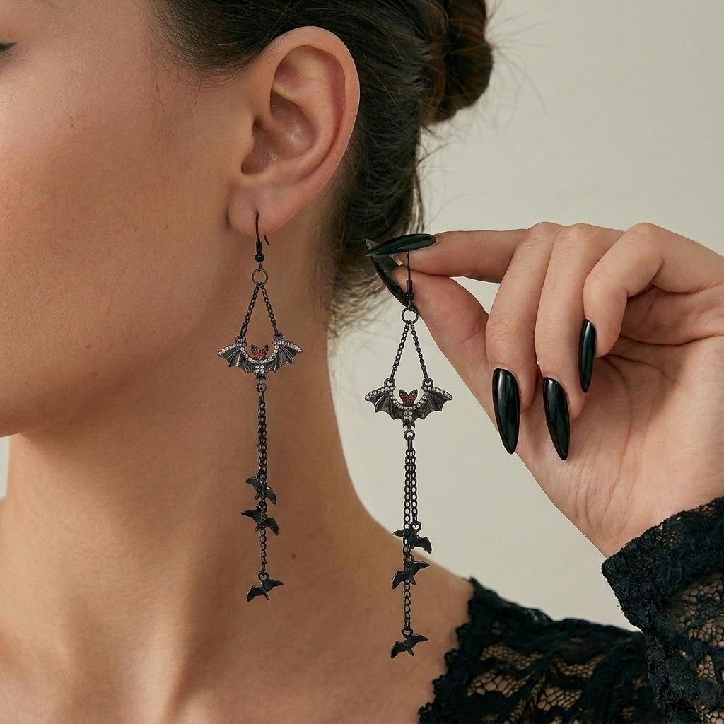 New Design Sweet Cool Black Bowknot Spider Dangle Earring for Women Gothic Spider Web Bat Long Tassel Earring Halloween Jewelry