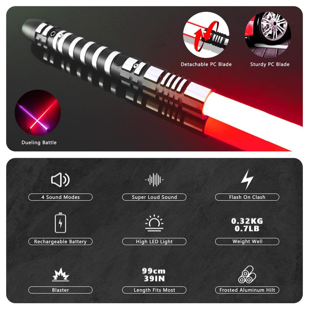 YDD Ghost Premium Force FX Black Series Lightsaber with LED Light and Metal Aluminum Handle, Suitable for Adults, Realistic Dueling (Red)