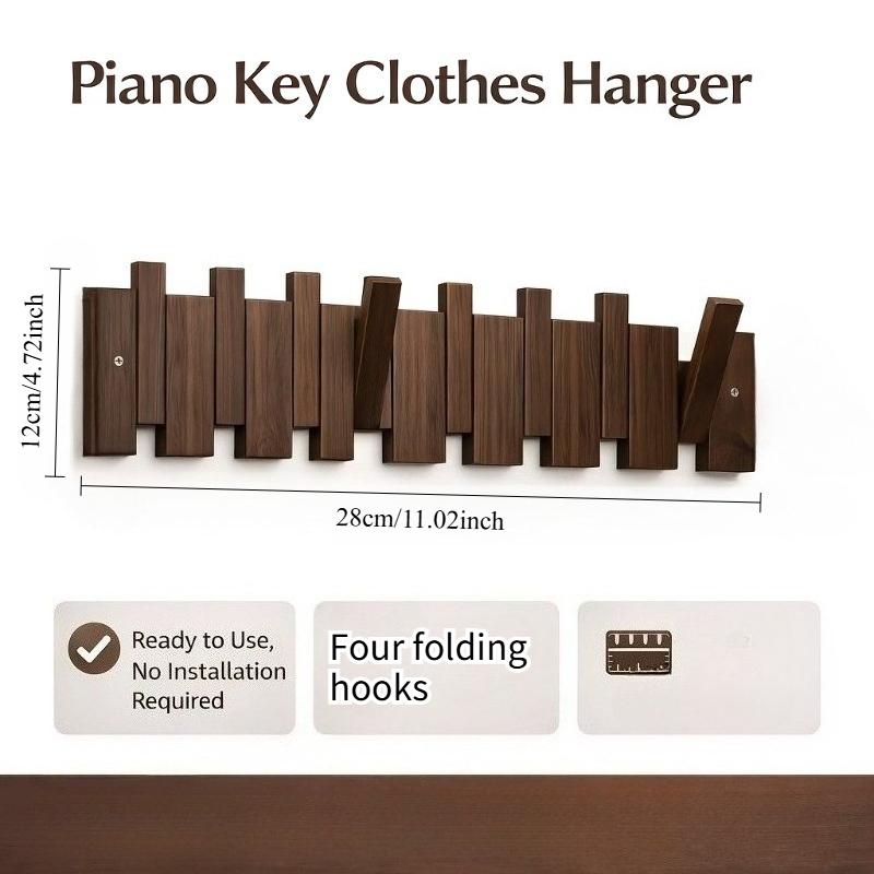 Solid Wood Piano Key Coat Rack – No-Drill Wall Hook, Foldable, Entryway Organizer & Key Holder