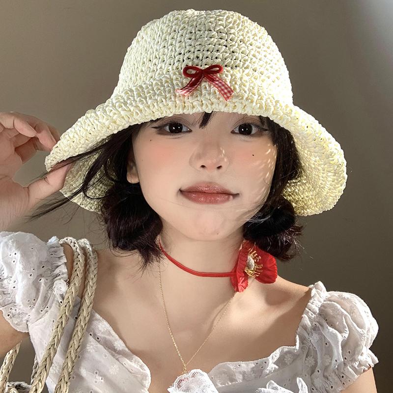 French Hollow Bow Woven Straw Hat Women's Seaside Vacation Fisherman Sun Shading Protection Trendy