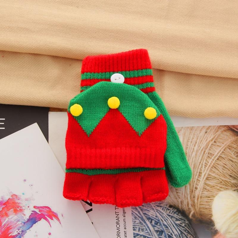 Christmas Women Gloves Winter Half Finger Flip Lady Cute Youth Warm Knitting Wool Students Writing Game Fingerless Mittens