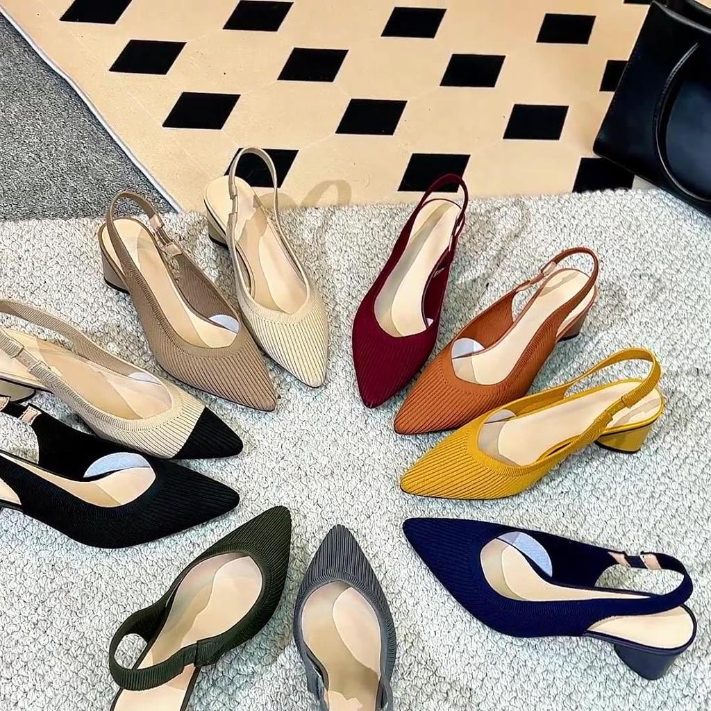 Damesko Størrelse Stor Vår Spiss Tå Tykk Høy Hæl Enkle Sko Fritidssko Lav Utskjæring Hul Ensfarget Spenne Strikkede Sandaler Sko 34-43