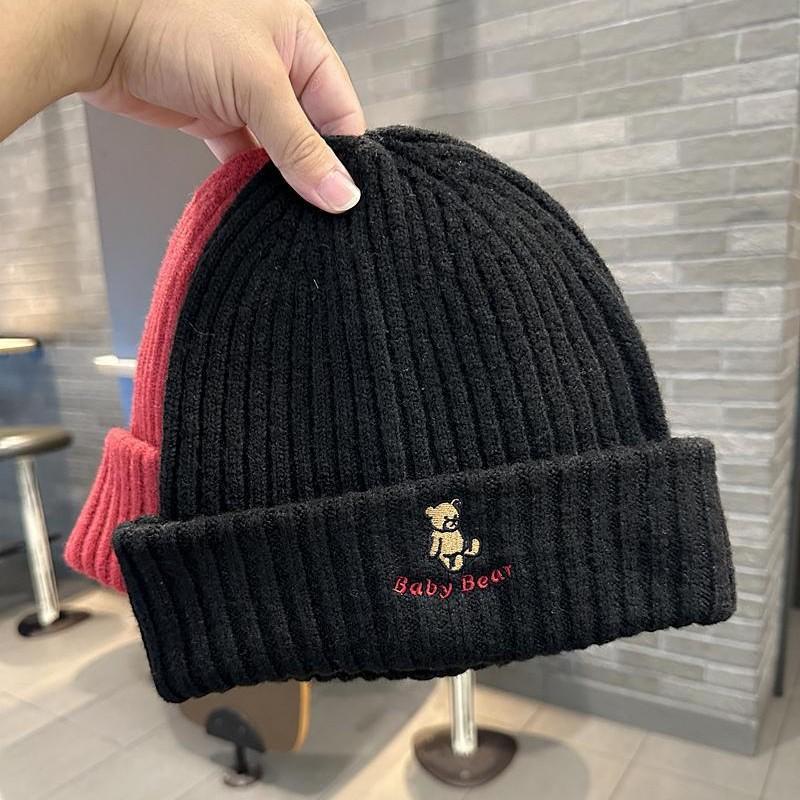 Autumn and Winter Warm and Thick Knitted Hat for Women Cute Bear Letter Embroidered Pullover Hat Versatile for Street Youth