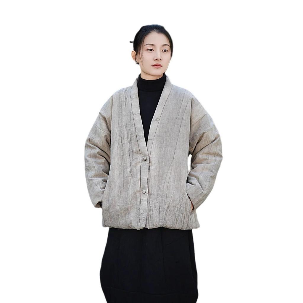 Vintage Chinese Tie-Dye Winter Cotton Coat with Buttons and Ramie Quilting