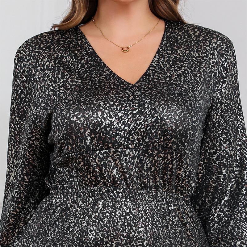 French Luxury Plus Size V-Neck Long Sleeve Dress with Elastic Waist & Hot Stamping Midi Skirt  