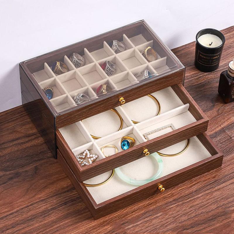 Retro Wooden Jewelry Boxes Multilayer Velvet Ring Earrings Necklace Bracelet Display Storage Case Desktop Jewellery Organizer