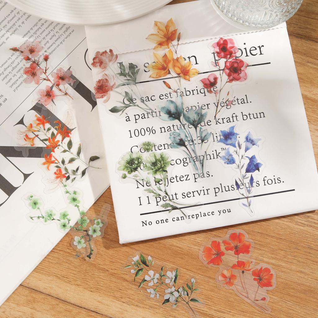 50pcs Flower Plant Stickers Hand Tent DIY Stick Labels Scrapbooking Material Journal Supplies Transparent Flower PET Sticker