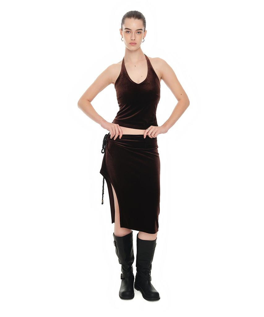 Too Much Tax Velour Midi Skirt Dark Brown