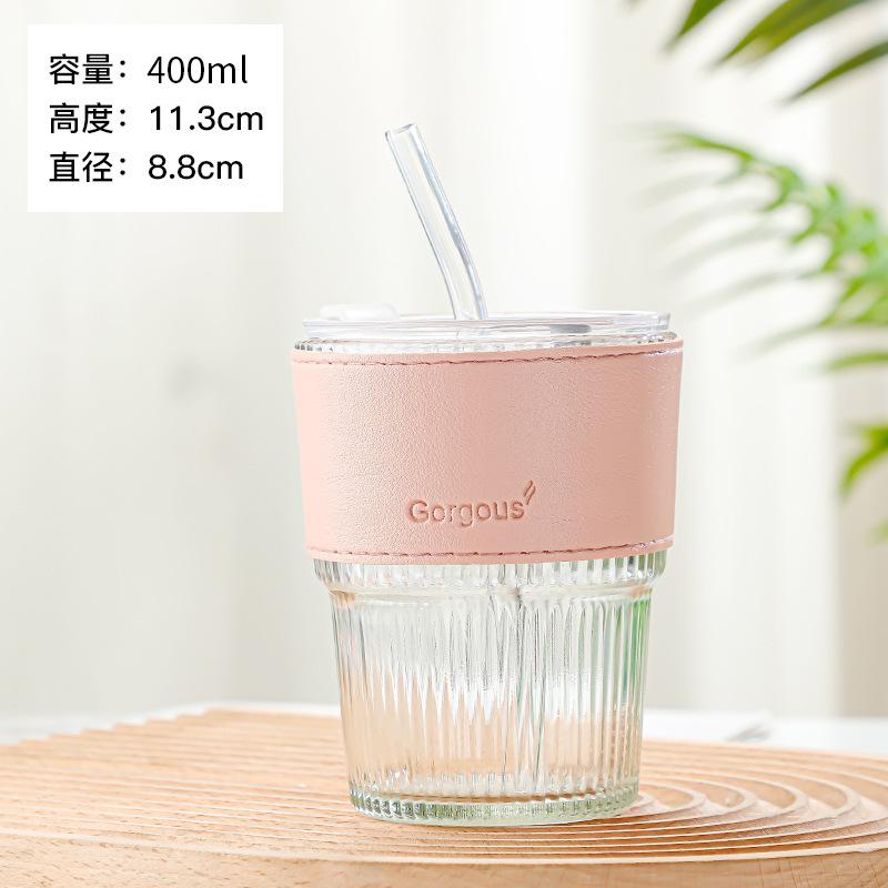 400ml Stripe Glass Cup Transparent Glasses With Lid and Straw Ice Coffee Mug Tea Cup Juice Glass Milk Water Cup Drinkware