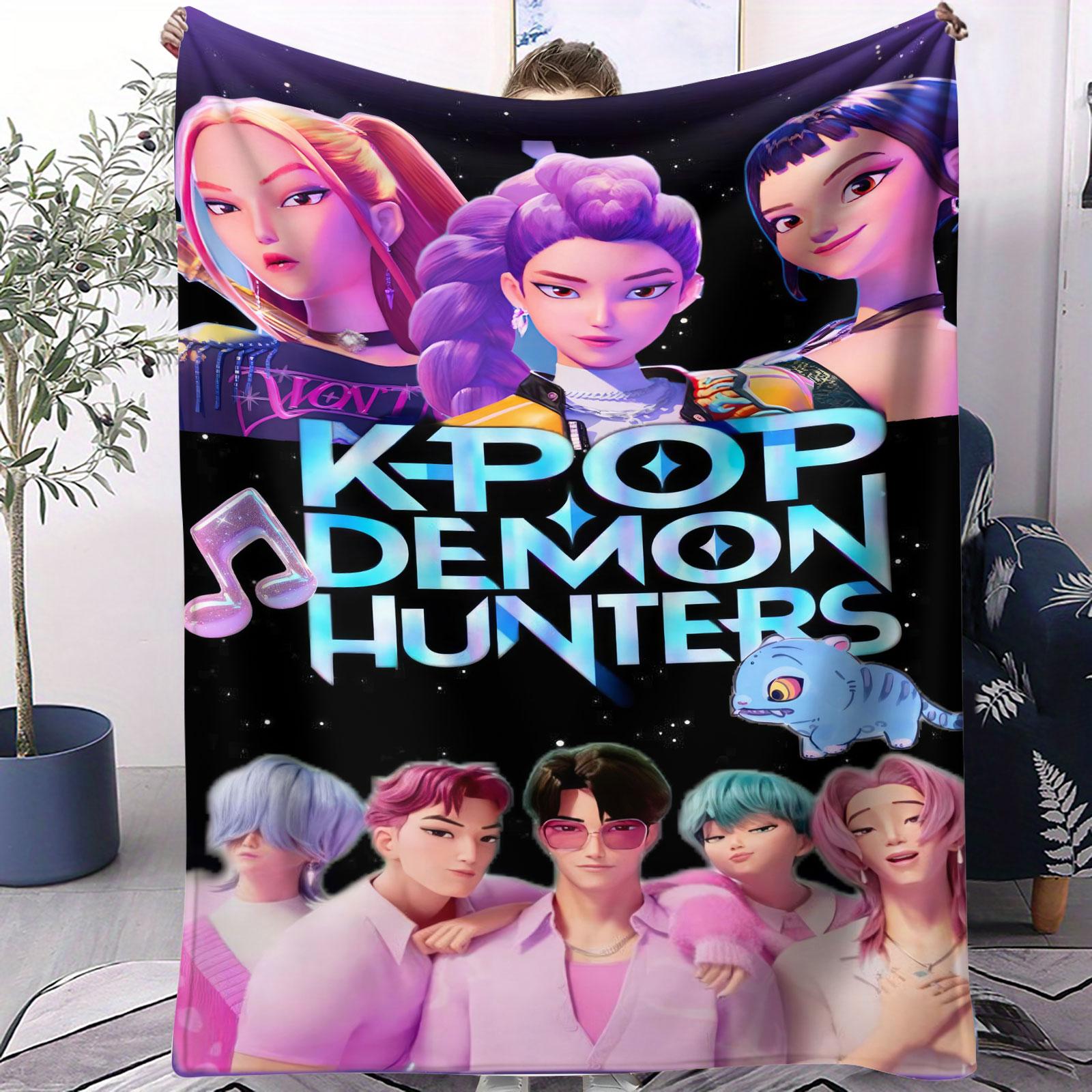 

K-POP Demon Hunters Huntrix Flannel Blanket Hot Anime Plush Throw Blanket Trendy Soft Warm Blanket for Home Bed Travel Camping 70x100cm(28x40inch)