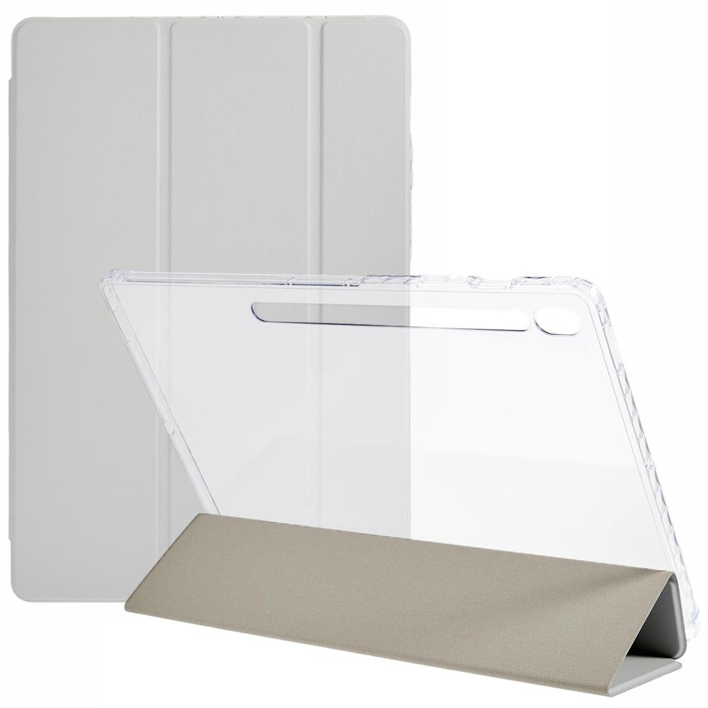 

For Samsung Galaxy Tab S10 FE+ Case Tri-Fold Stand Leather+TPU+Acrylic Clear Back Tablet Cover Grey