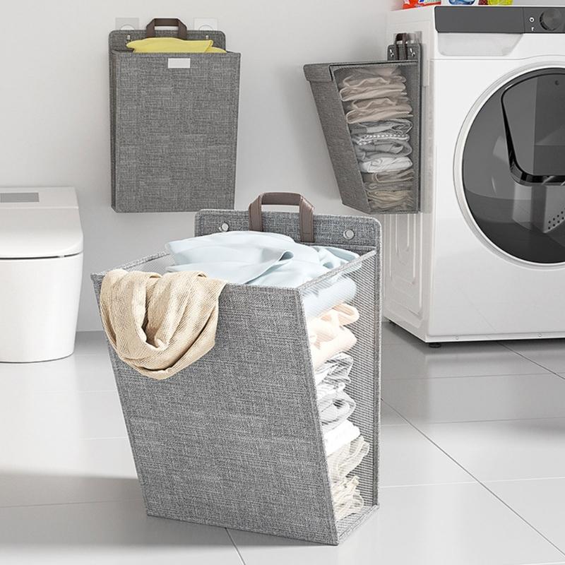 Convenient Foldable Hanging Fabric Basket Wall Mounted Dirty Clothes Organizer Space Saving Laundry Hamper for Home