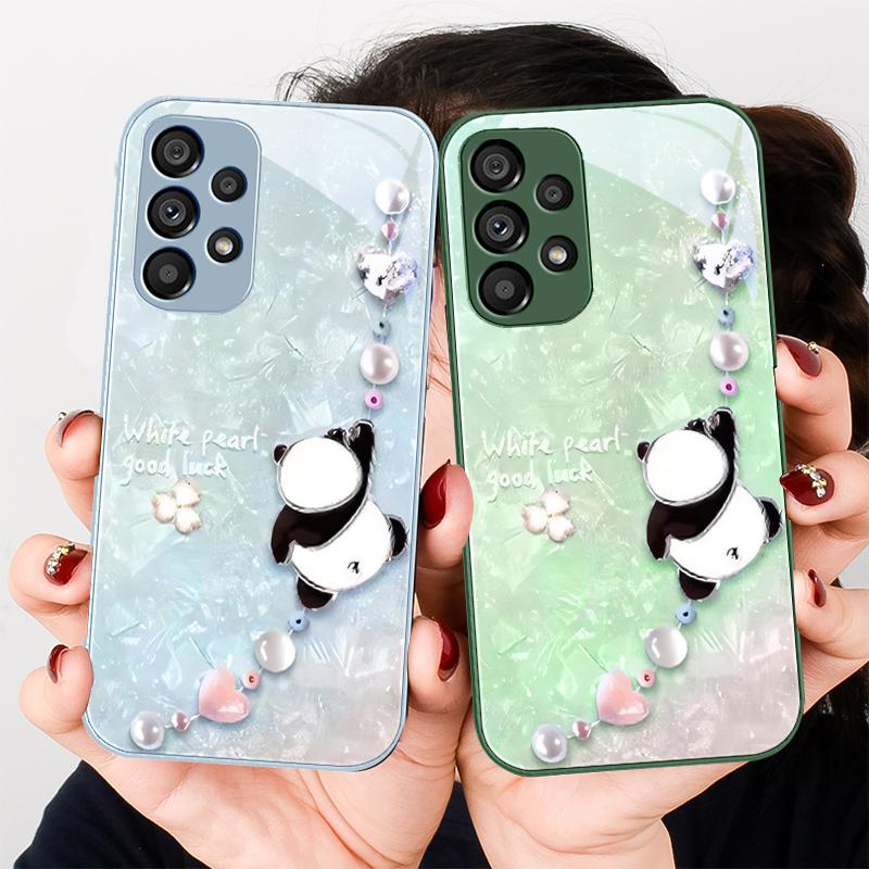 Beaded Panda Silver For Samsung Galaxy S23 U Ltra 24 Plus S20 21 FE S25 Ultra A70 A72 73 51 52 53 Tempered Glass Phone Case