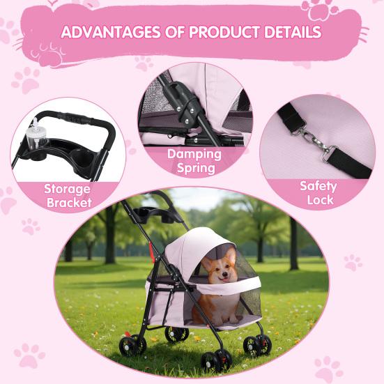 4 Wheels Folding Pet Stroller with Cup Holder, Breathable Mesh for Small Dogs and Cats, 7.5kg Capacity