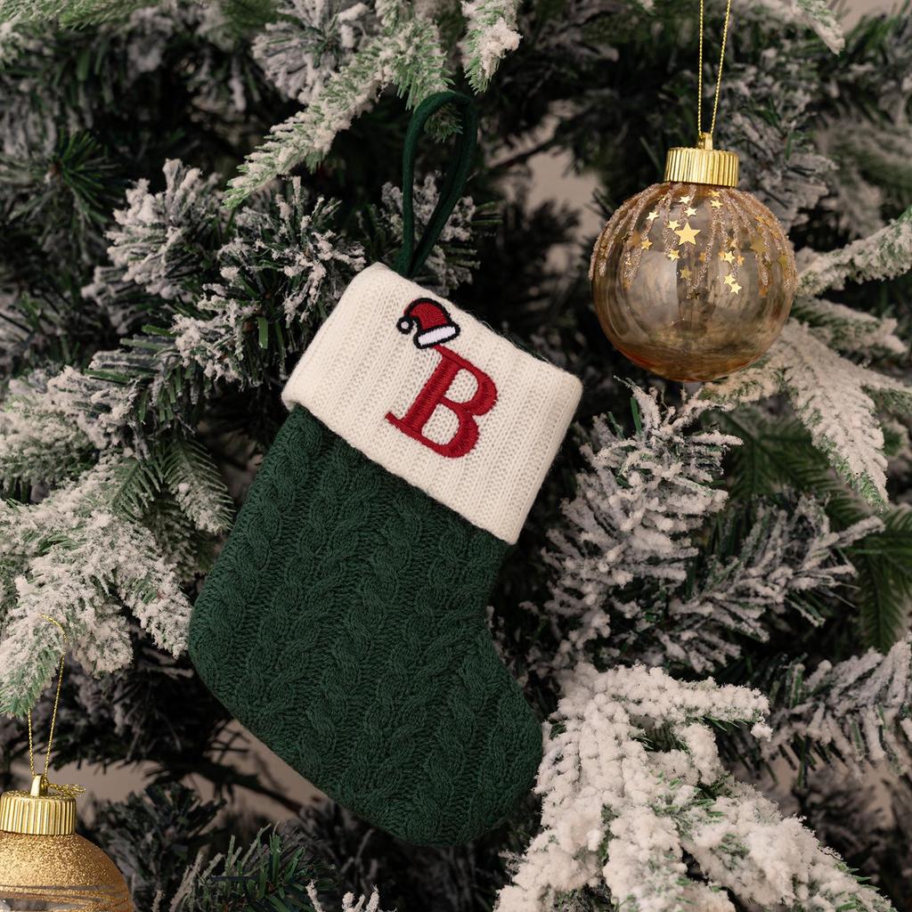 Haobei Green Knitted Christmas Stocking with Embroidered Lettering – Woolen Gift Bag Décor