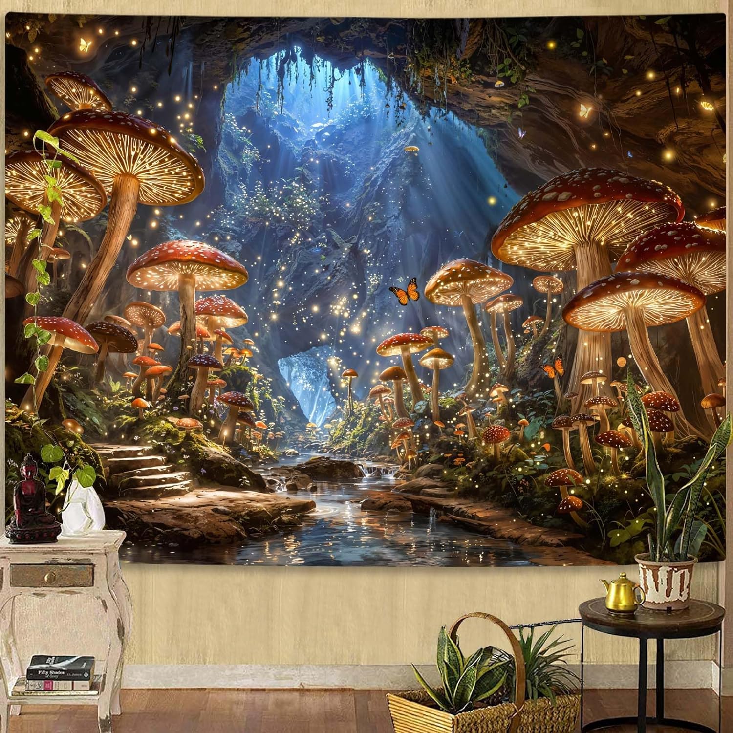 Jmg Household Supplies Unisex Light Enchanted Forest Tapestry, Glowing Mushroom Cave With Stream And Magical Wall Art For Whimsical And Aesthetic Room Decor