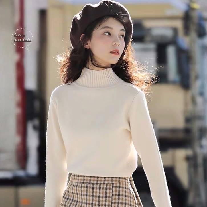 

Women s Half-high Collar Pullover Sweater Long-sleeved Knitted bottoming Shirt Slim Wild L бежевый