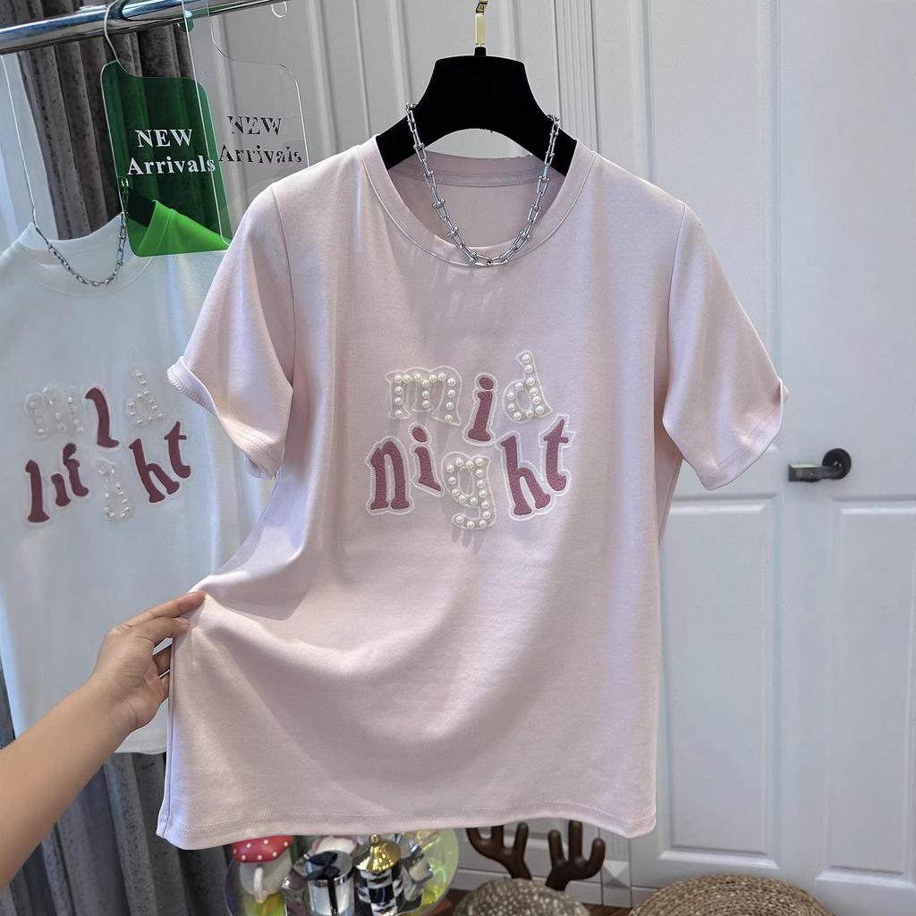 220g Trendy Brand Cotton Extra Large Beaded Embroidered Round Neck Loose Short Sleeve T-Shirt