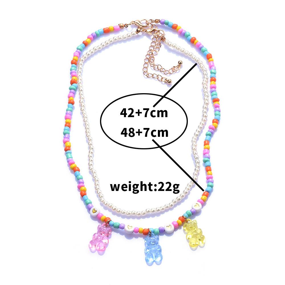 Imitation Pearl Temperament Double Neck Chain Female Cute Cartoon Bear Necklace Beaded Soft Pottery Personality Necklace Set