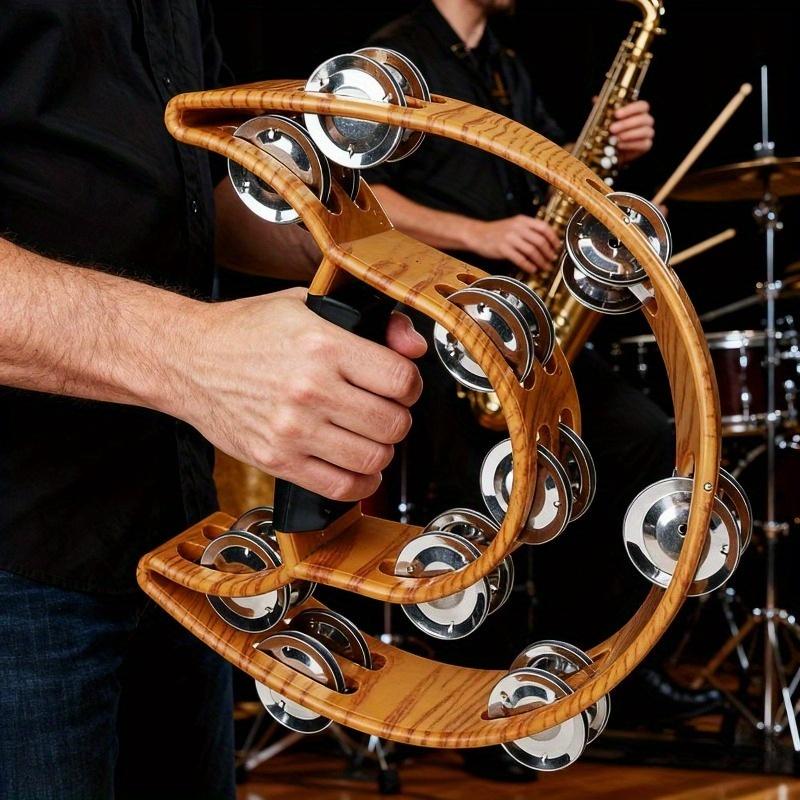 Professional Half-moon Tambourine with Jingles, a Hand-held Percussion Instrument Featuring Thick Jingle Strips and an Ergonomic Handle, Suitable for