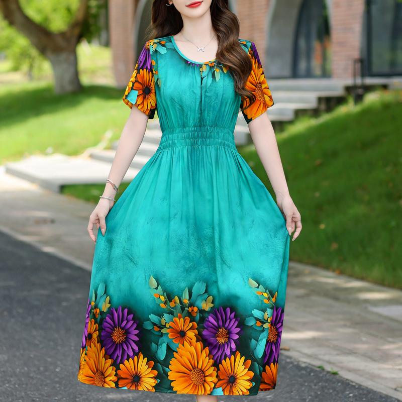 Elegantes Damenkleid Sommer Vintage Kleidung Lässig Kurzarm Lange Kleider