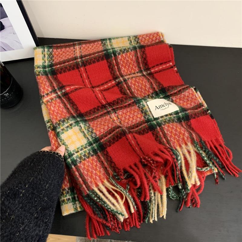 Red Plaid Scarf Women's Winter New Versatile Thickened Warm Scarf Student Christmas Gift