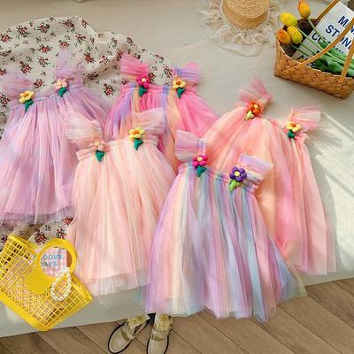 Regenbogen-Netz-Puffärmel-Prinzessinnenkleid für Mädchen mit 3D-Blumen - Sommer-Tutu für Kinder