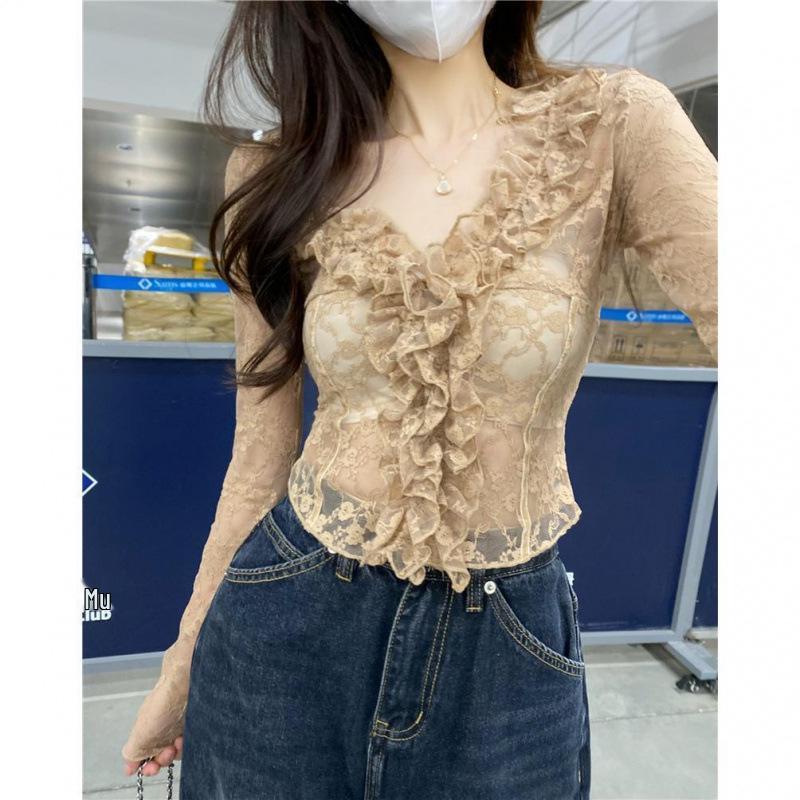 Chic French Ruffled Lace V-Neck Long-Sleeve Top - Slim Fit 2025 Spring/Summer