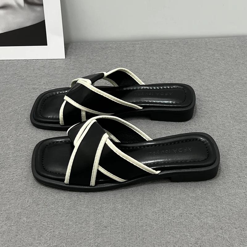 Fashion Women's Slippers and Ladies Sandals Open Toe Low Heel Outside on Beach House Black Indoor Home Slides Shoes Off White Word Flat