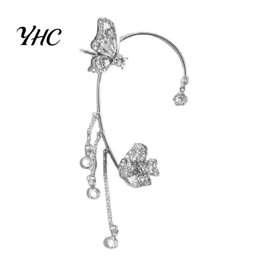 Clip Earring 1Pc Ear Cuff Fine Workmanship Temperament Rhinestone Inlay Geometric High Gloss Dress Up Luxury Butterfly Chain Tassel Jewelry