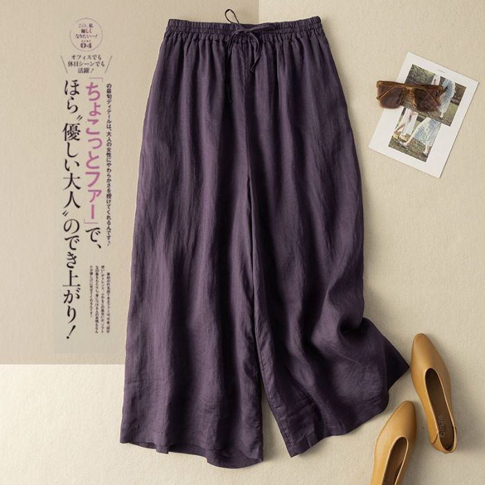 Cotton and Linen Wide-leg Pants Women Summer Retro Elastic Waist Ankle-Length Pants Lace-up Solid Versatile Loose Casual Pants