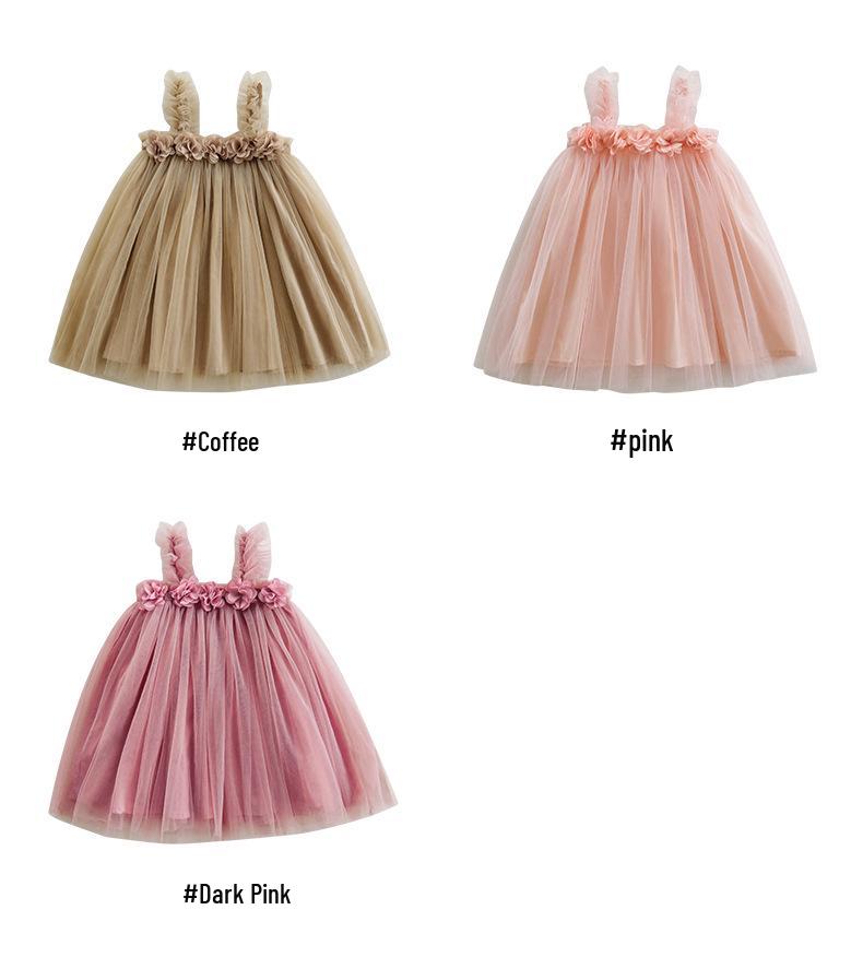 Rochie de Plajă Summer cu Bretele din Plasă și Flori 3D pentru Fete Dulci - Fustă Pufoasă de Prințesă pentru Bebelușe.