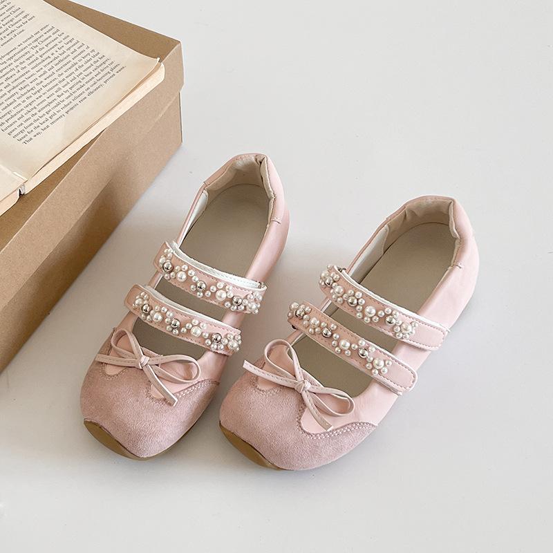 Niche design sense ballet style pearl Mary Jane shoes women's summer fashion bow rhinestone square head casual shoes