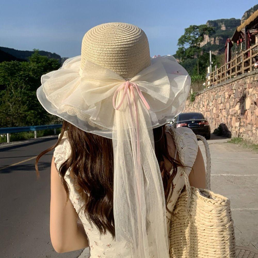 Flower Sun Hat Big Bowknot Sun Protection Hat Lolita Straw Hat Or Women