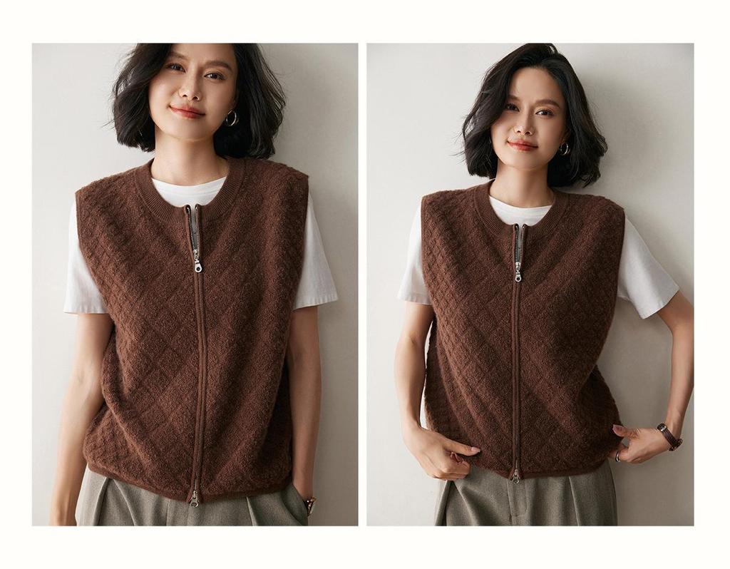 Women's Diamond Knit Cashmere Zipper Cardigan Vest - Loose, Thickened for 2025 Autumn/Winter