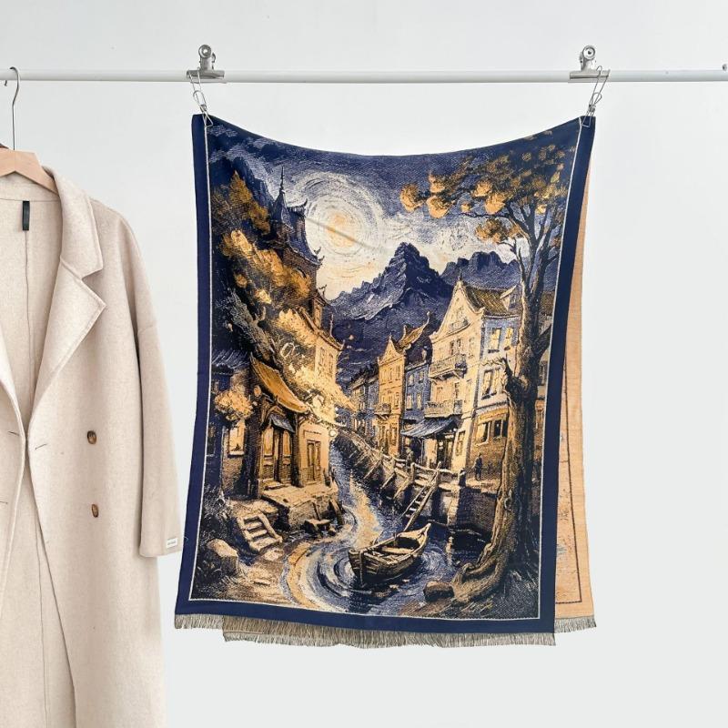 Autumn and winter new double-sided color oil painting series imitation cashmere thickened warm scarf women's air conditioner shawl