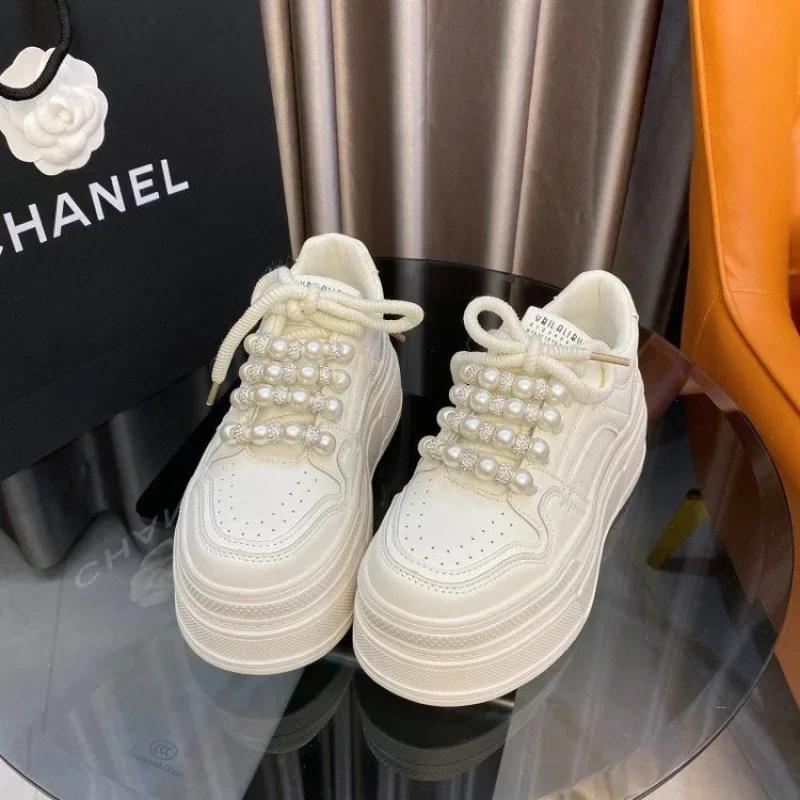Thick Bottom Pearl Embellished Women's Sport Shoes Casual Trendy Rubber Outsole Synthetic Upper Versatile Platform Sneakers