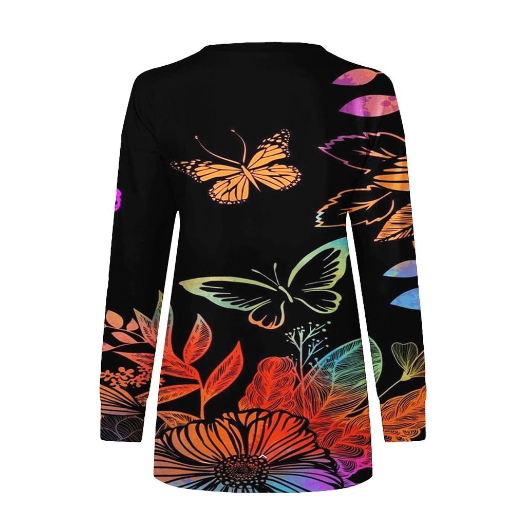 Women's Fashion Spring Loose Casual V Neck Zipper Print Long Sleeve T-Shirt Top