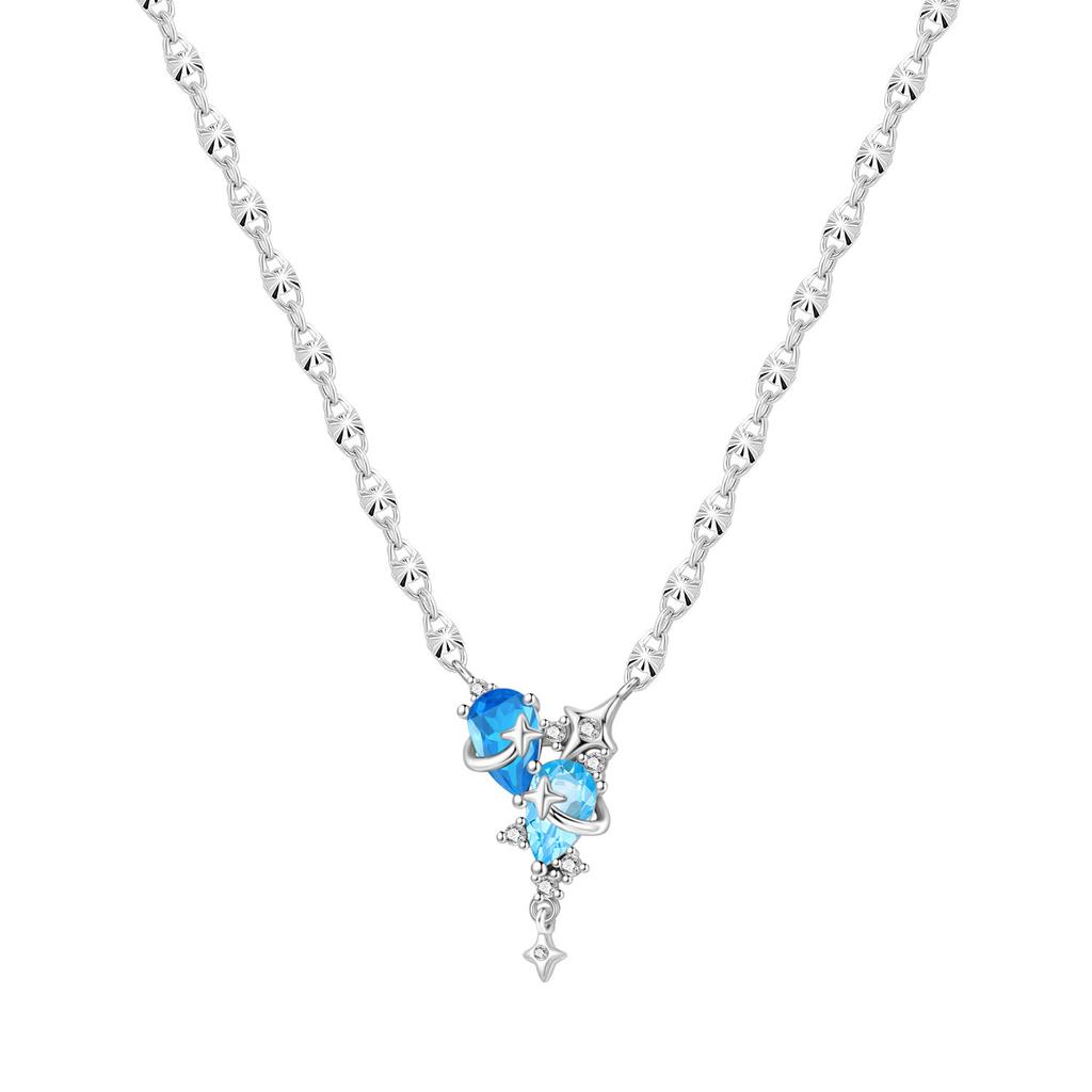 S925 Silver Fashion Star Moon Double Chain Drop Pendant Moon Octagram Zircon Fringe Necklace