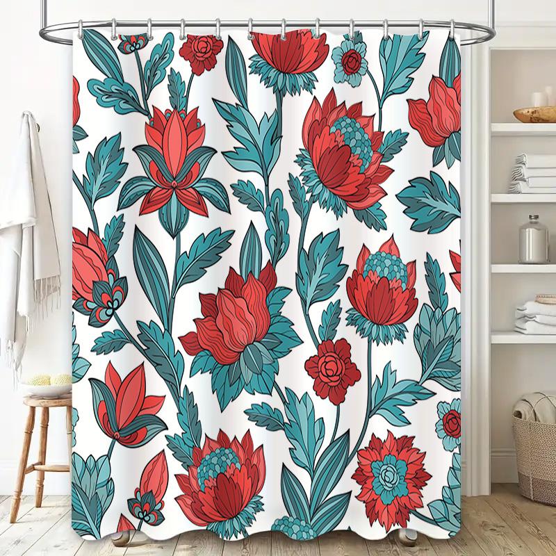 Artistic Floral Shower Curtain 3D Printed Bathroom Decor for Home Decoration in Blue Red Color