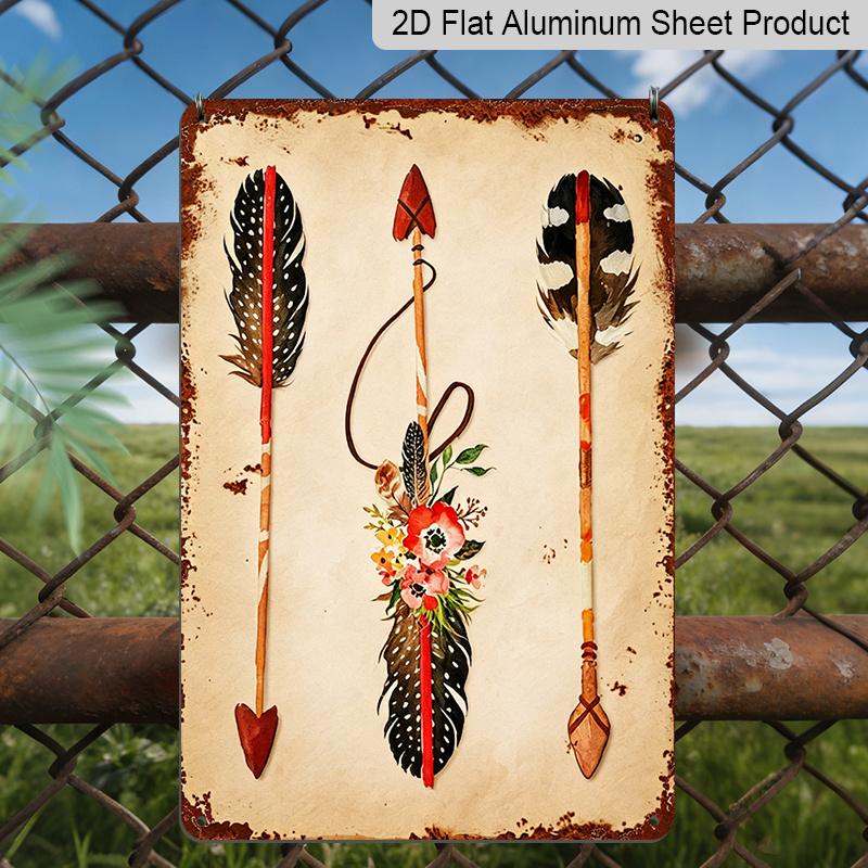 2D Flat, 1pc Boho Native American Arrows & Feathers Aluminum Sign - Western Wall Decor Western Home Decor, Native American Themed Room, Boho Home 20*30cm