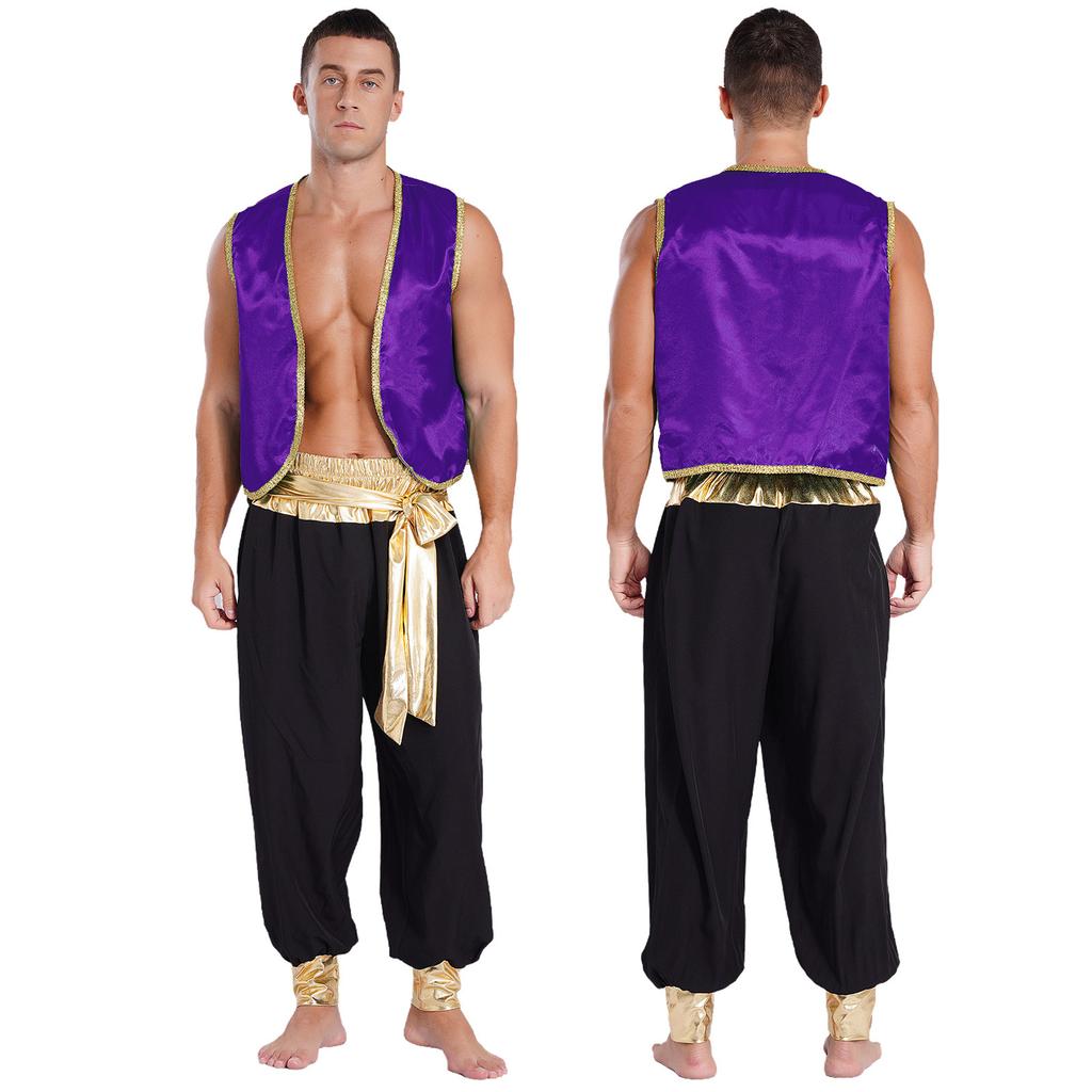 Men's Arabian Prince Cosplay Halloween Costume Sleeveless Vest with Long Pants Outfit