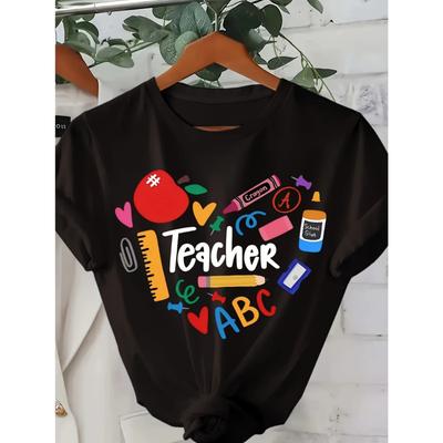 Casual Top for Summer & Spring Women's Clothing Teacher Print T-shirt Short Sleeve Crew Neck