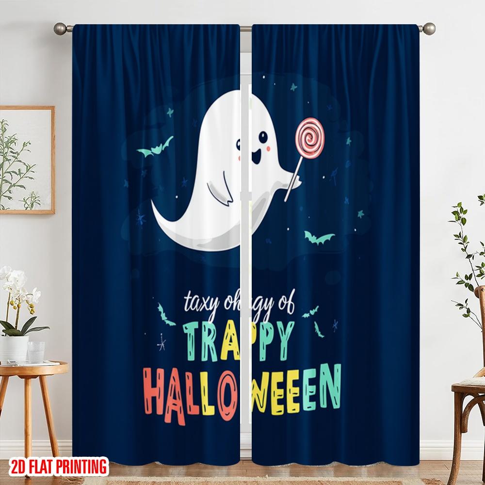 2pcs,2D Plane Printing Creative Curtains Halloween Ghost (15) Polyester Fabric (without Rod) Versatile All Perfect for Bedroom,