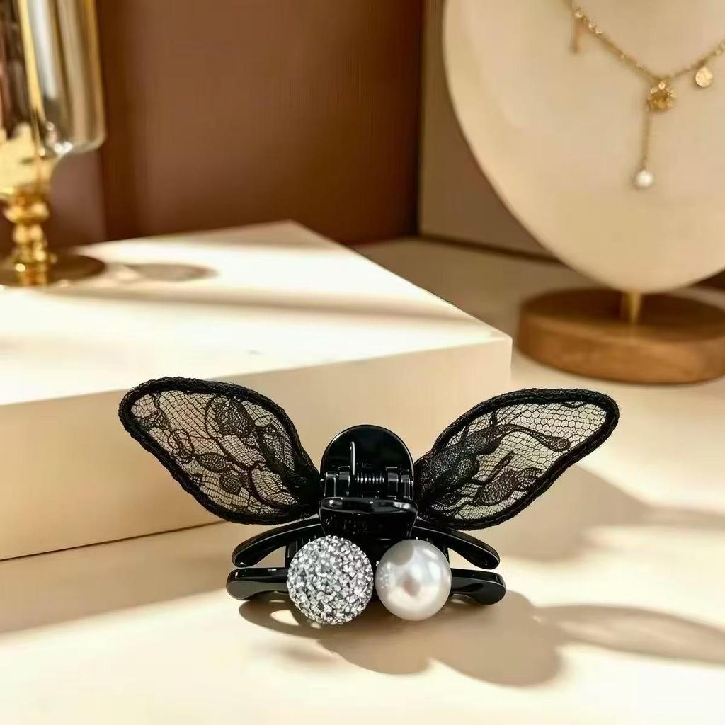 Elegant Black Lace Rhinestone Bunny Ear Bow Hair Clip - Small, Versatile, Korean Style